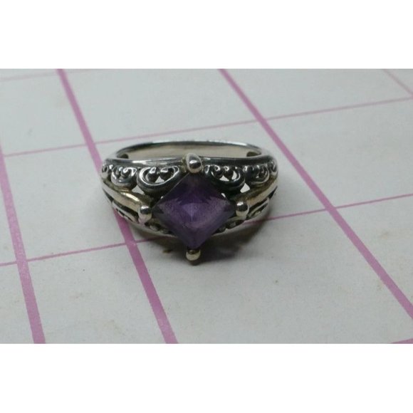 Sterling Silver Ring With Square Amethyst Gemstone & Ornate Filigree Design Size - Picture 10 of 11
